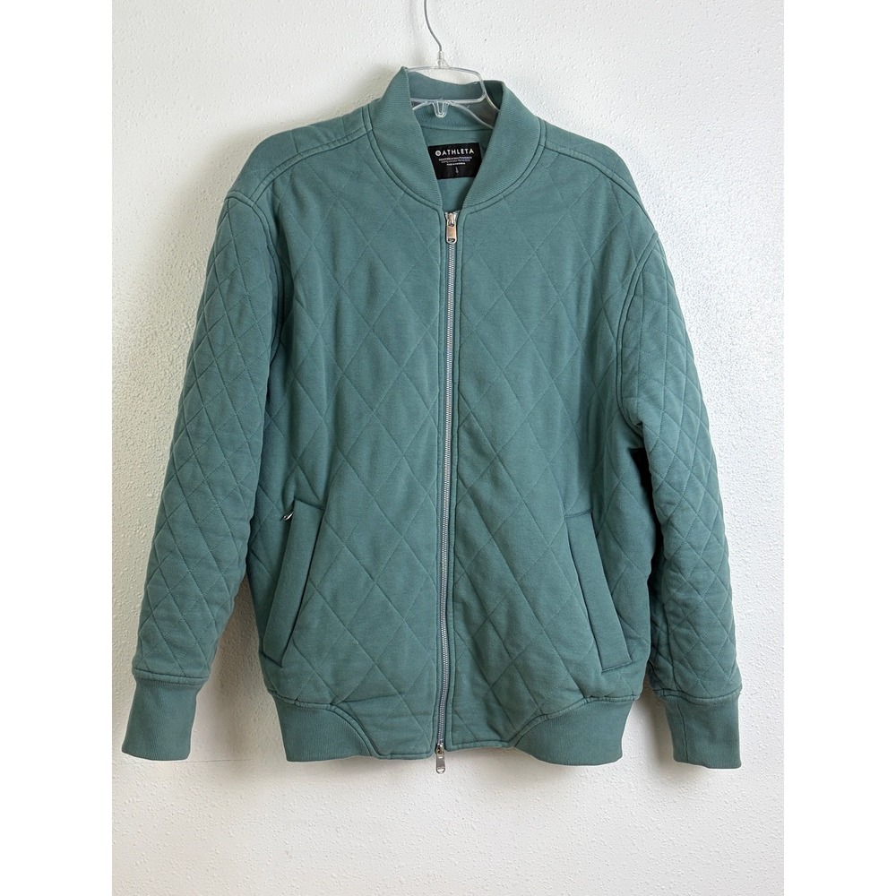 Athleta Teal Green Diamond Quilted Knit Full Zip Bomber Jacket Womens Large